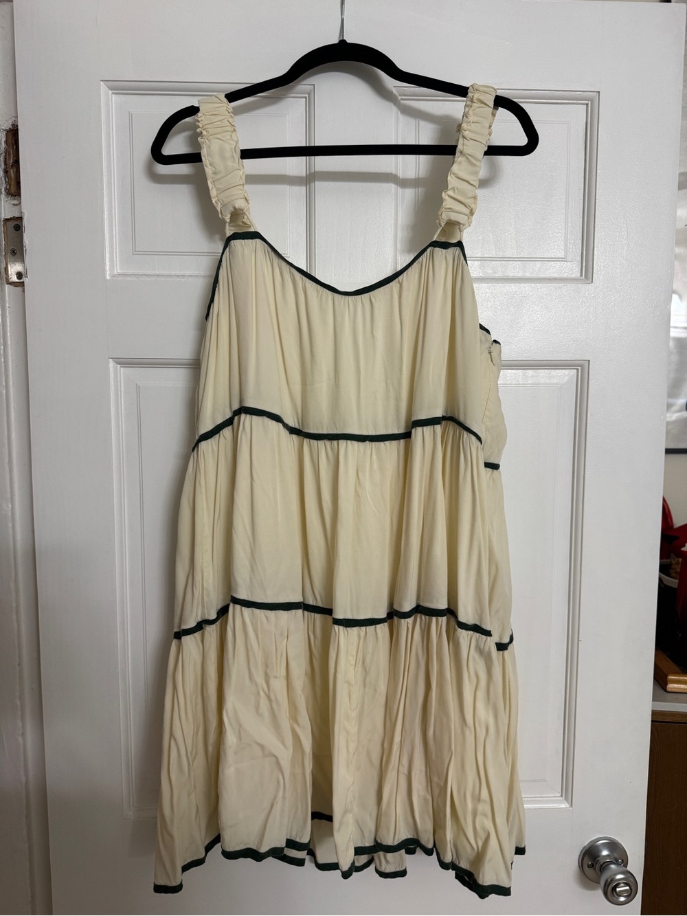 Sancia Cream Tiered Mini Dress with Dark Green Trim